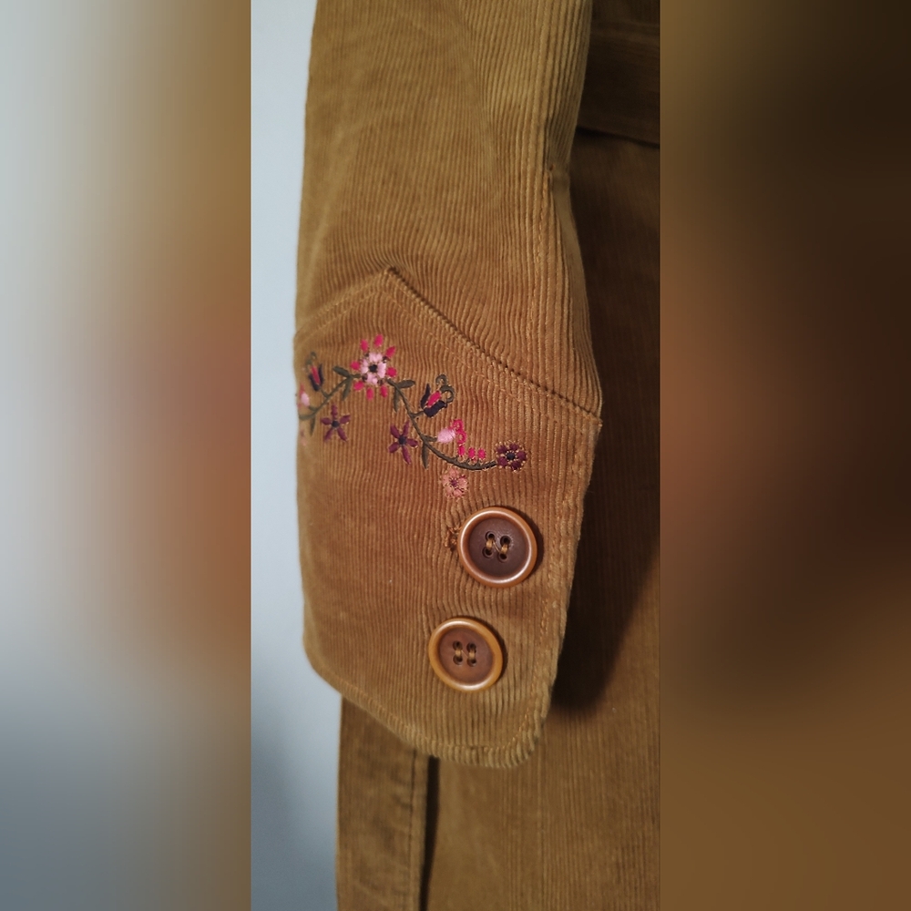 Vintage Corduroy Long Jacket Women Jean Basic Style 70s' Embroidery Size Medium - Picture 11 of 15